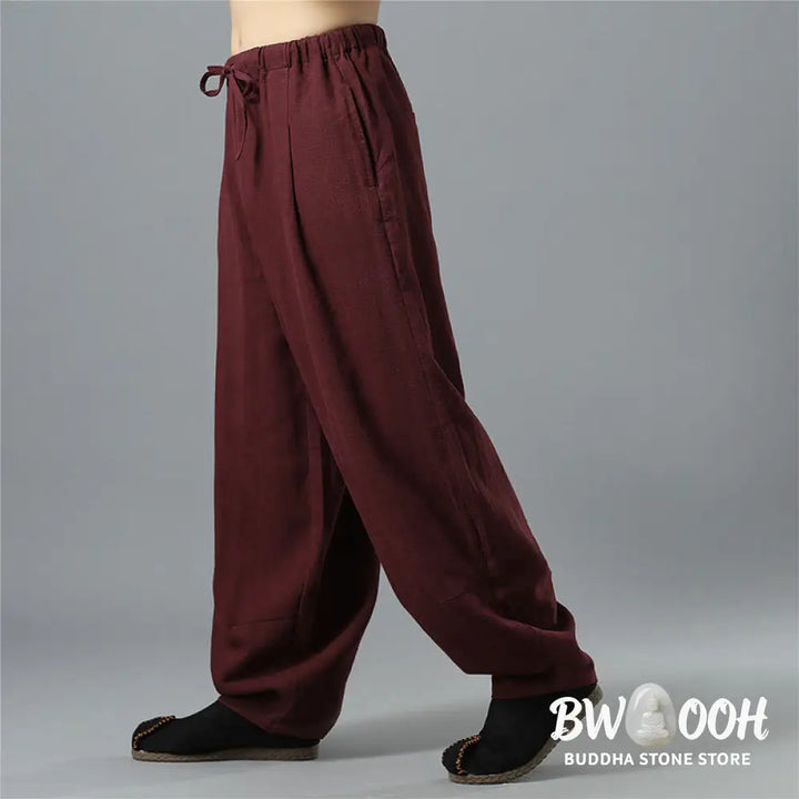 Buddha Stones Casual Solid Color Drawstring Cotton Linen Men’s Pants With Pockets - Men’s Pants