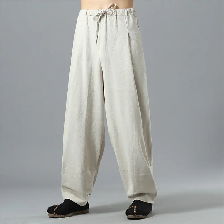 Buddha Stones Casual Solid Color Drawstring Cotton Linen Men’s Pants With Pockets - Beige / US/UK/AU36，EU46 (L) - Men’s