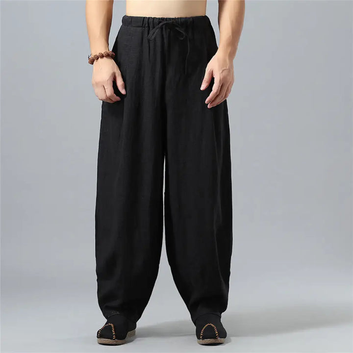 Buddha Stones Casual Solid Color Drawstring Cotton Linen Men’s Pants With Pockets - Black / US/UK/AU36，EU46 (L) - Men’s