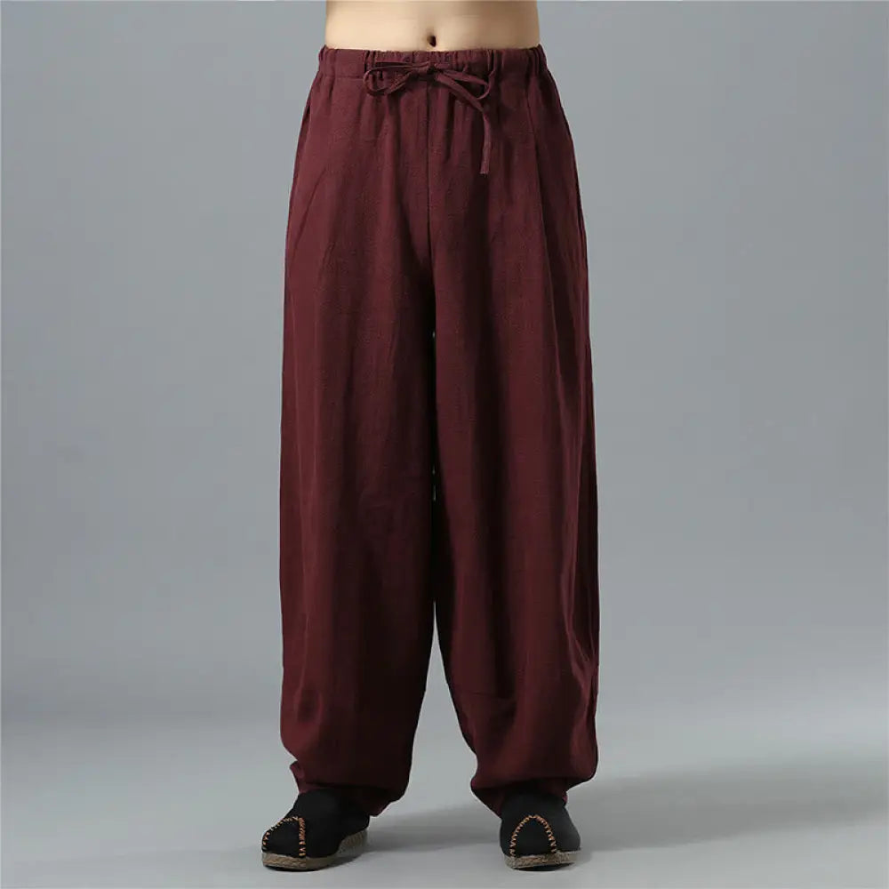 Buddha Stones Casual Solid Color Drawstring Cotton Linen Men’s Pants With Pockets - DarkRed / US/UK/AU36，EU46 (L)