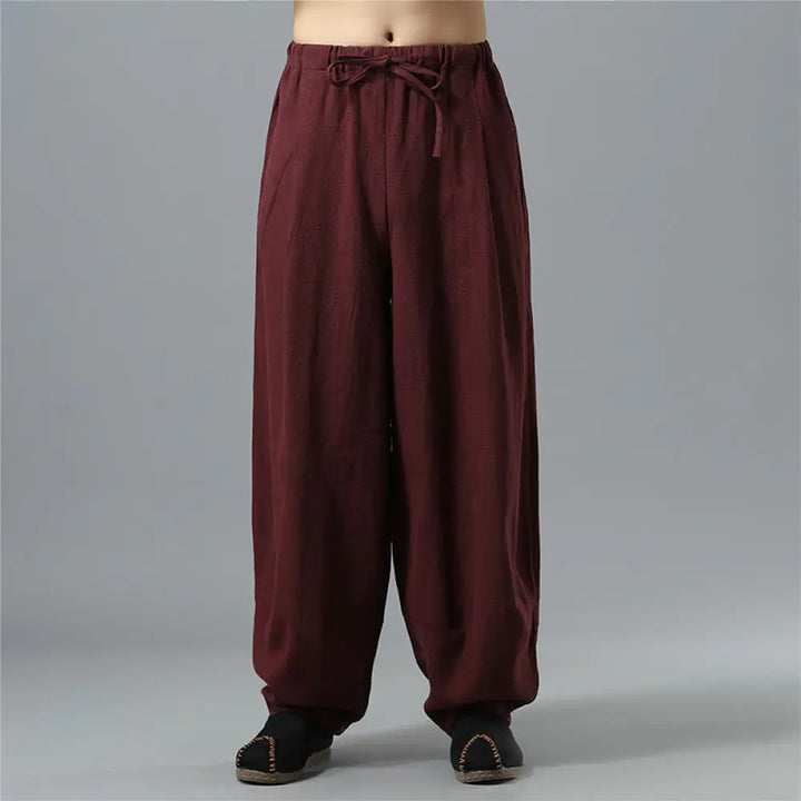Buddha Stones Casual Solid Color Drawstring Cotton Linen Men’s Pants With Pockets - DarkRed / US/UK/AU36，EU46 (L)