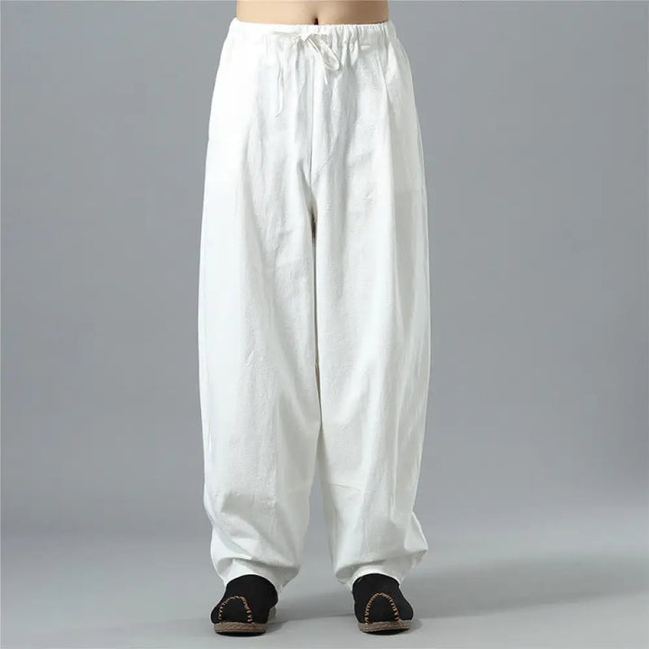 Buddha Stones Casual Solid Color Drawstring Cotton Linen Men’s Pants With Pockets - White / US/UK/AU36，EU46 (L) - Men’s