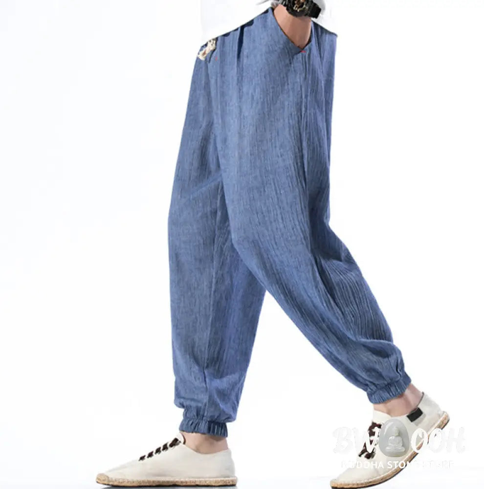 Buddha Stones Casual Solid Color Drawstring Linen Men’s Pants With Pockets - Men’s Pants