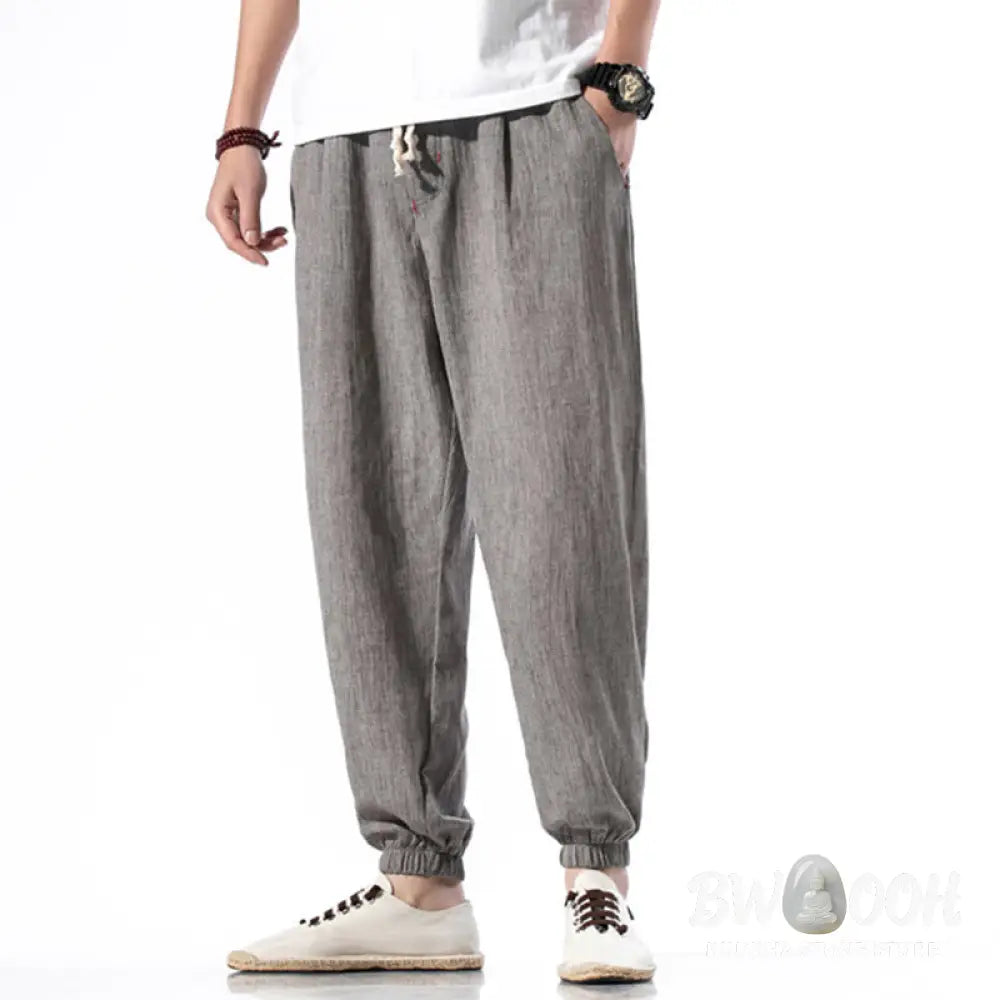 Buddha Stones Casual Solid Color Drawstring Linen Men’s Pants With Pockets - Men’s Pants