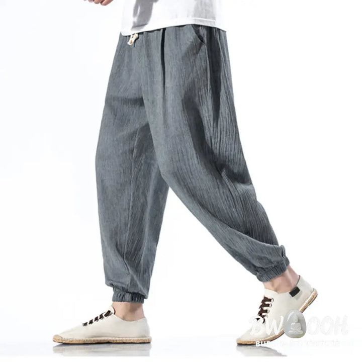 Buddha Stones Casual Solid Color Drawstring Linen Men’s Pants With Pockets - Men’s Pants