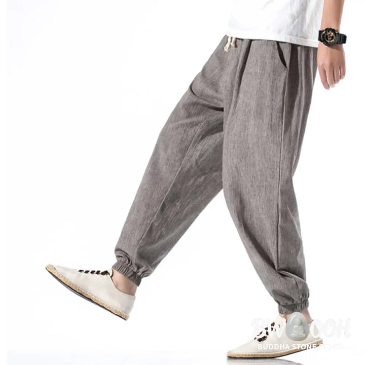 Buddha Stones Casual Solid Color Drawstring Linen Men’s Pants With Pockets - Men’s Pants