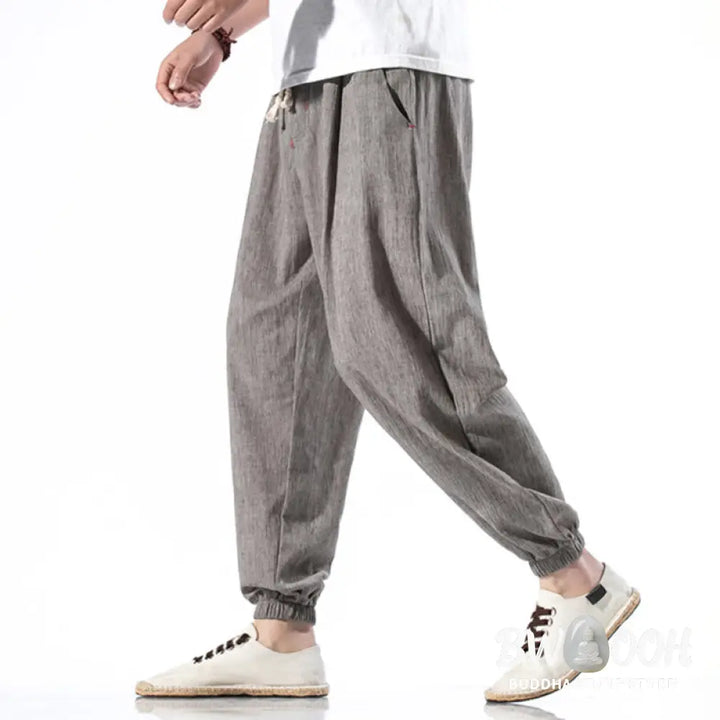 Buddha Stones Casual Solid Color Drawstring Linen Men’s Pants With Pockets - Men’s Pants
