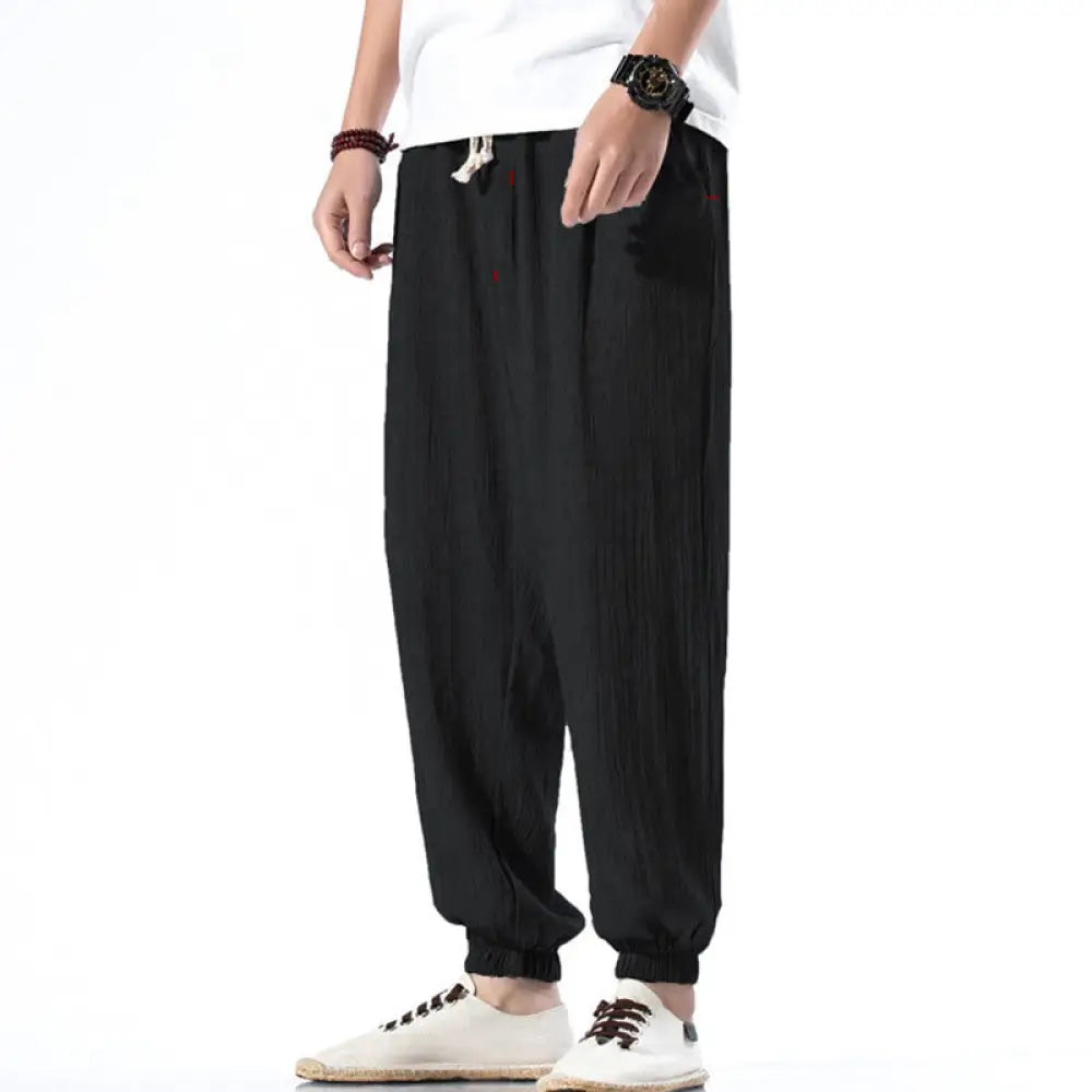 Buddha Stones Casual Solid Color Drawstring Linen Men’s Pants With Pockets - Black / US/UK/AU36，EU46 (L) - Men’s Pants