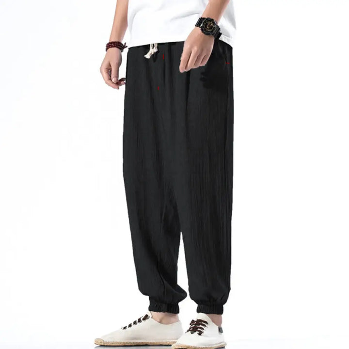 Buddha Stones Casual Solid Color Drawstring Linen Men’s Pants With Pockets - Black / US/UK/AU36，EU46 (L) - Men’s Pants