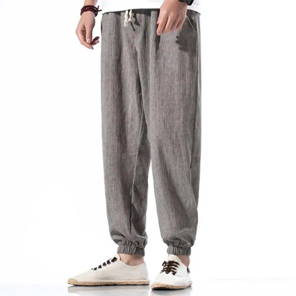 Buddha Stones Casual Solid Color Drawstring Linen Men’s Pants With Pockets - Gray / US/UK/AU36，EU46 (L) - Men’s Pants