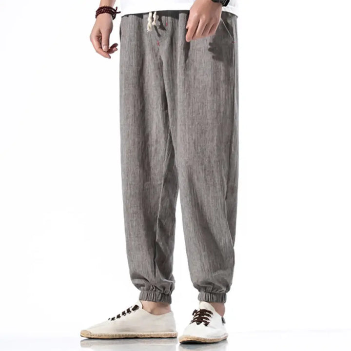 Buddha Stones Casual Solid Color Drawstring Linen Men’s Pants With Pockets - Gray / US/UK/AU36，EU46 (L) - Men’s Pants