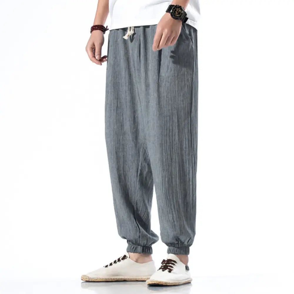 Buddha Stones Casual Solid Color Drawstring Linen Men’s Pants With Pockets - LightSlateGray / US/UK/AU36，EU46 (L)