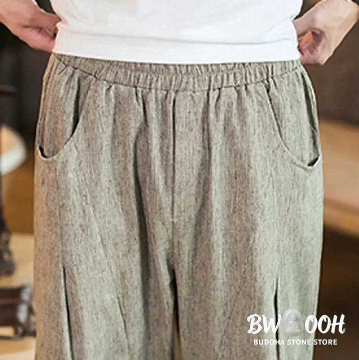 Buddha Stones Casual Solid Color Drawstring Men’s Elastic Waistband Cotton Linen Pants With Pockets - Men’s Pants