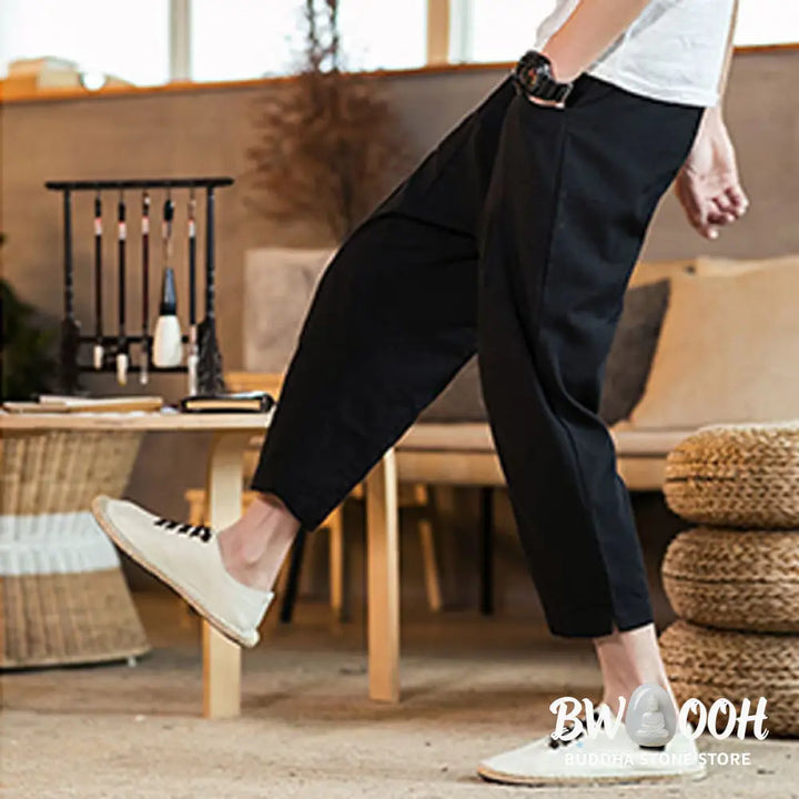 Buddha Stones Casual Solid Color Drawstring Men’s Elastic Waistband Cotton Linen Pants With Pockets - Men’s Pants