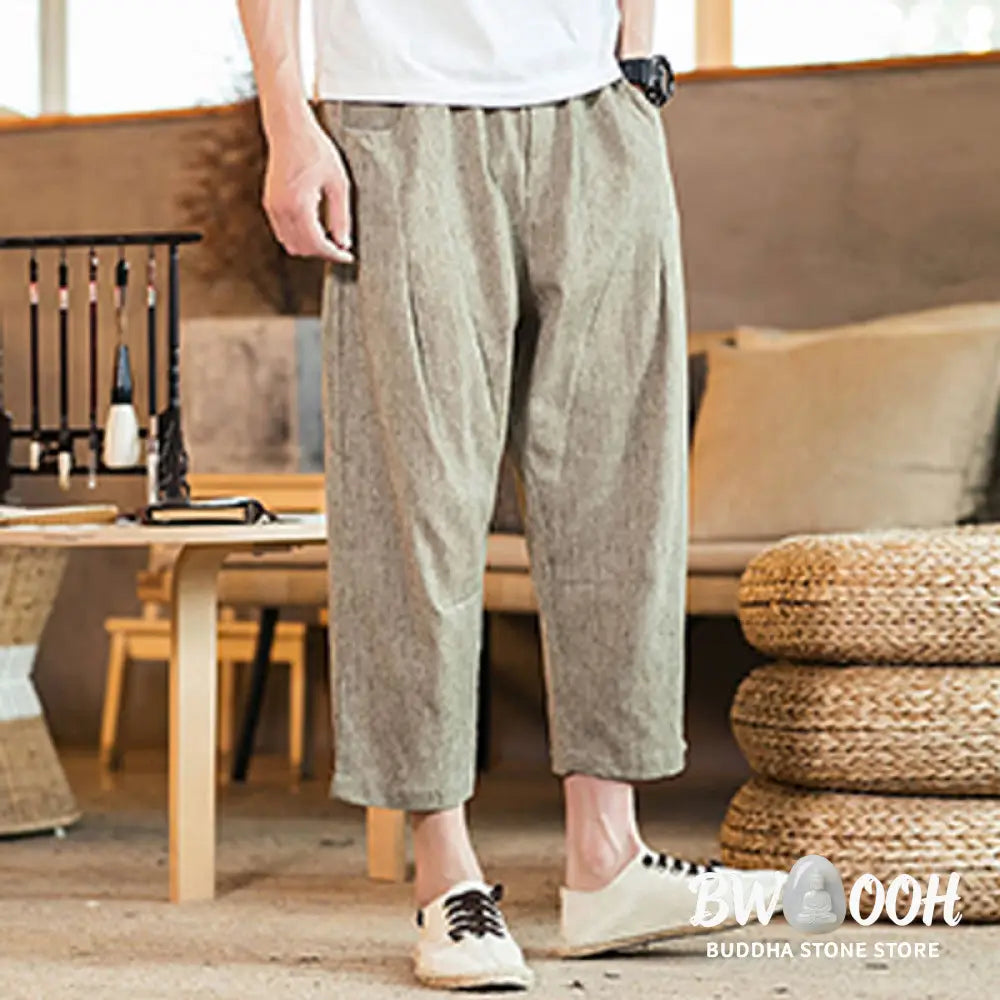 Buddha Stones Casual Solid Color Drawstring Men’s Elastic Waistband Cotton Linen Pants With Pockets - Men’s Pants