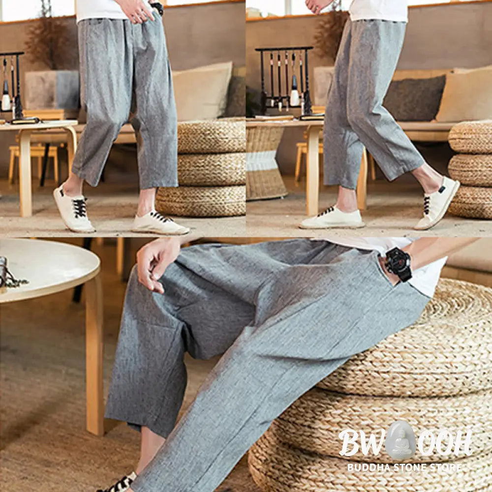 Buddha Stones Casual Solid Color Drawstring Men’s Elastic Waistband Cotton Linen Pants With Pockets - Men’s Pants