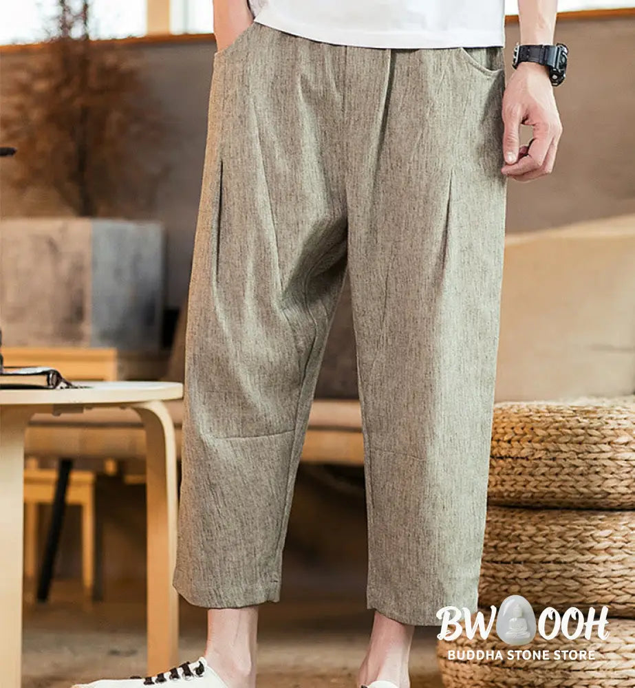 Buddha Stones Casual Solid Color Drawstring Men’s Elastic Waistband Cotton Linen Pants With Pockets - Men’s Pants