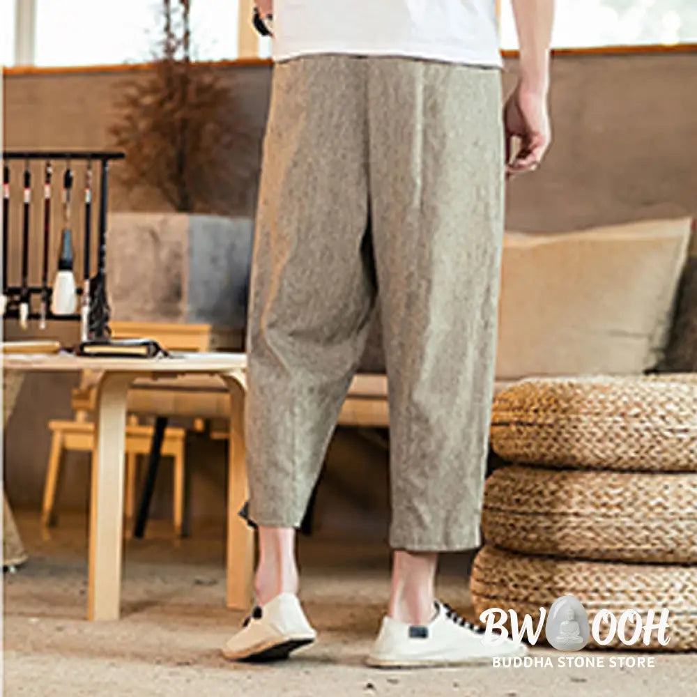 Buddha Stones Casual Solid Color Drawstring Men’s Elastic Waistband Cotton Linen Pants With Pockets - Men’s Pants