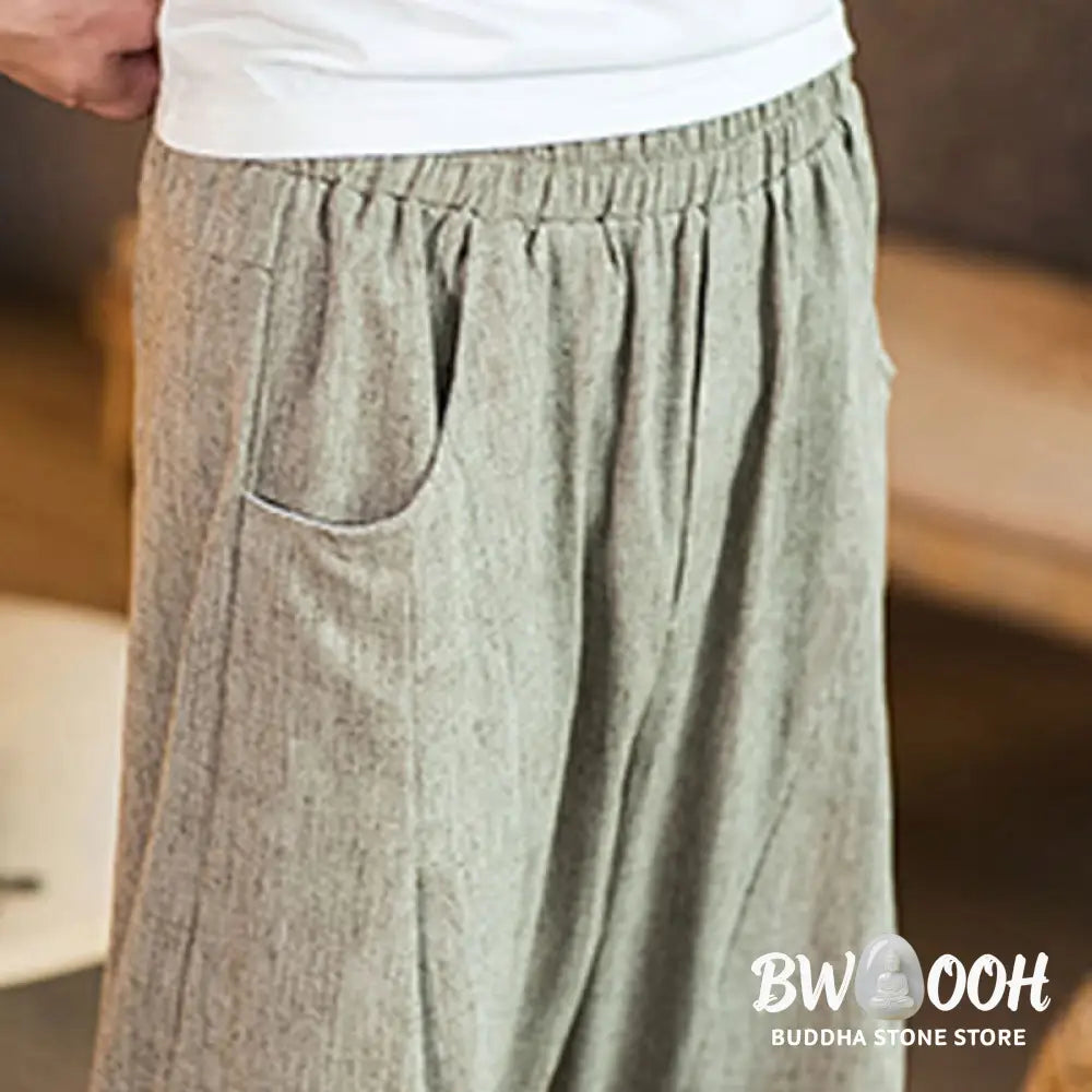 Buddha Stones Casual Solid Color Drawstring Men’s Elastic Waistband Cotton Linen Pants With Pockets - Men’s Pants