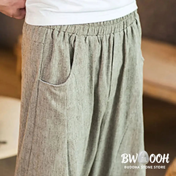 Buddha Stones Casual Solid Color Drawstring Men’s Elastic Waistband Cotton Linen Pants With Pockets - Men’s Pants