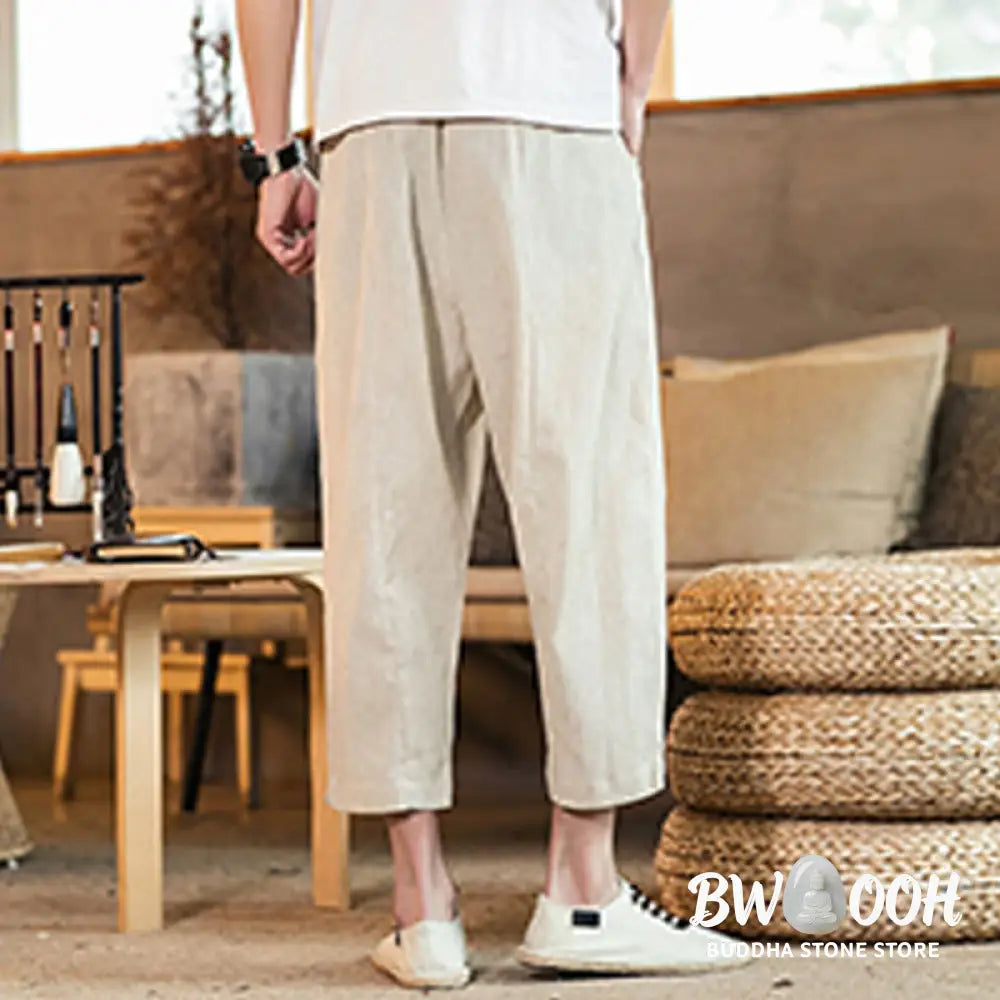 Buddha Stones Casual Solid Color Drawstring Men’s Elastic Waistband Cotton Linen Pants With Pockets - Men’s Pants