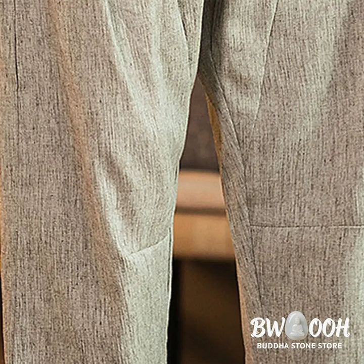Buddha Stones Casual Solid Color Drawstring Men’s Elastic Waistband Cotton Linen Pants With Pockets - Men’s Pants