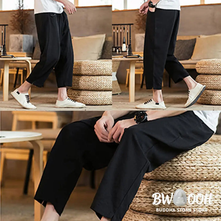 Buddha Stones Casual Solid Color Drawstring Men’s Elastic Waistband Cotton Linen Pants With Pockets - Men’s Pants
