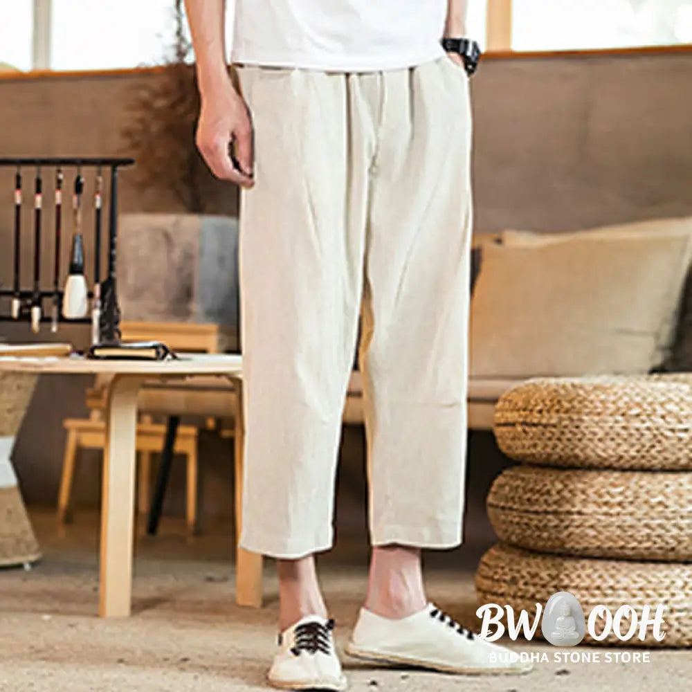 Buddha Stones Casual Solid Color Drawstring Men’s Elastic Waistband Cotton Linen Pants With Pockets - Men’s Pants