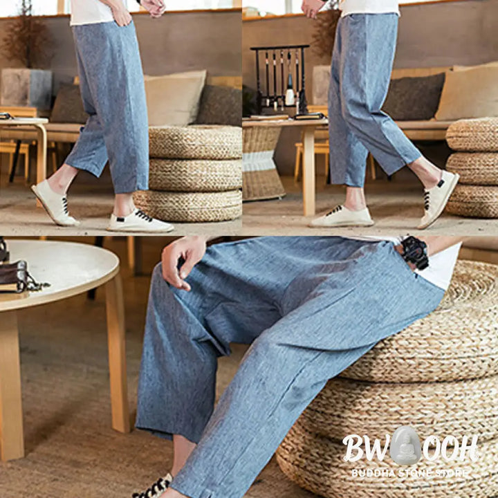 Buddha Stones Casual Solid Color Drawstring Men’s Elastic Waistband Cotton Linen Pants With Pockets - Men’s Pants