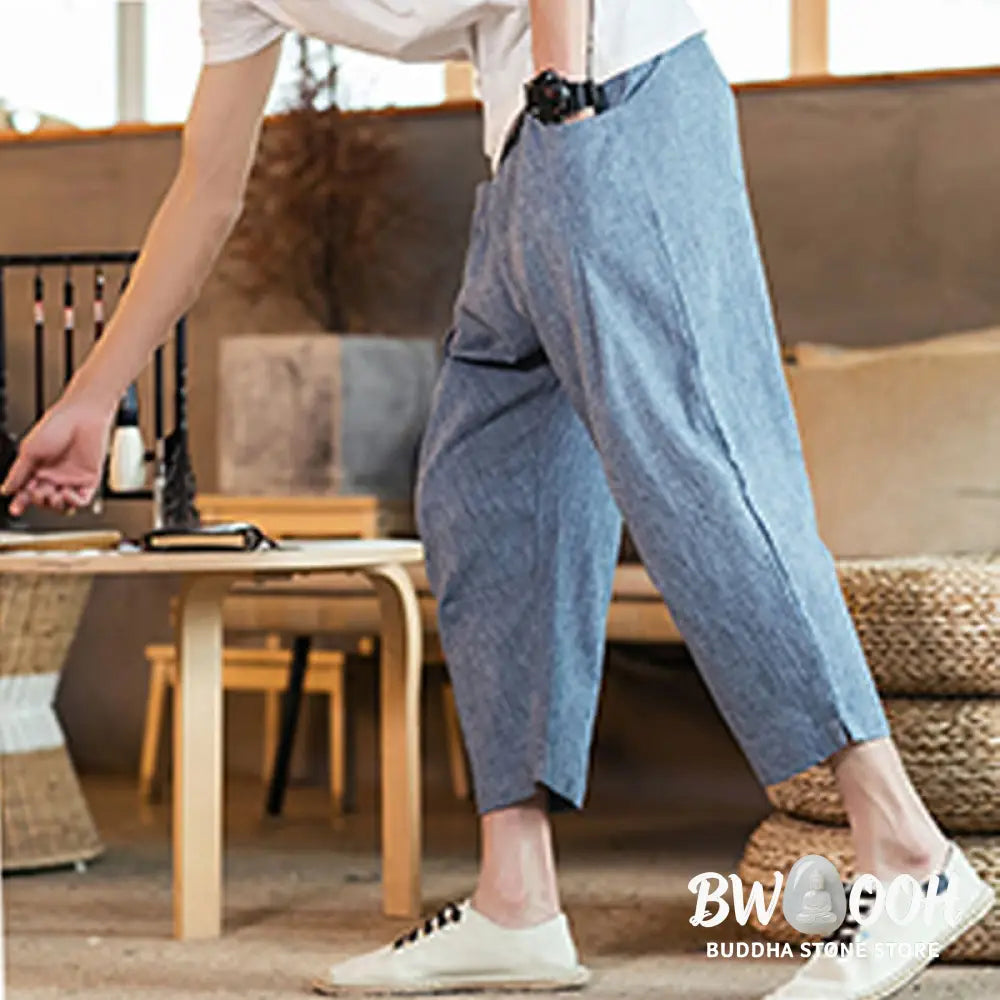 Buddha Stones Casual Solid Color Drawstring Men’s Elastic Waistband Cotton Linen Pants With Pockets - Men’s Pants