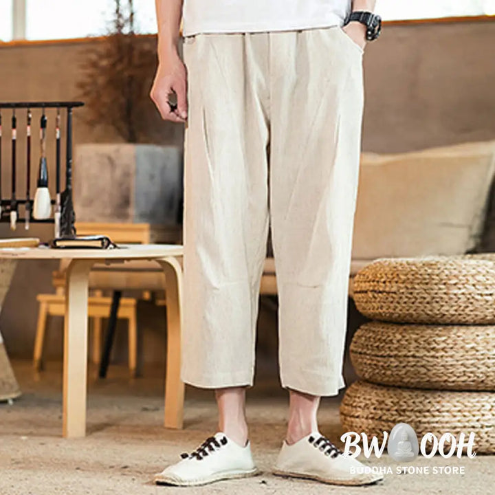 Buddha Stones Casual Solid Color Drawstring Men’s Elastic Waistband Cotton Linen Pants With Pockets - Men’s Pants