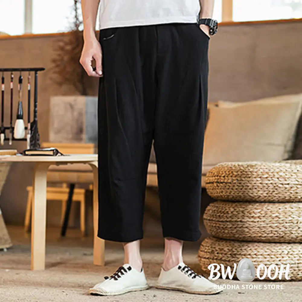 Buddha Stones Casual Solid Color Drawstring Men’s Elastic Waistband Cotton Linen Pants With Pockets - Men’s Pants