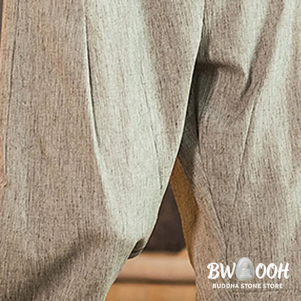 Buddha Stones Casual Solid Color Drawstring Men’s Elastic Waistband Cotton Linen Pants With Pockets - Men’s Pants