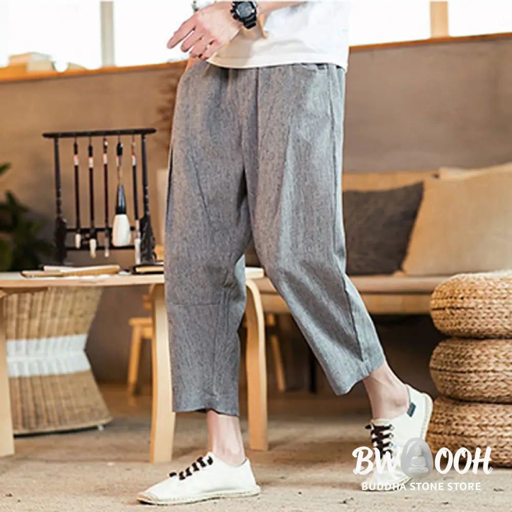 Buddha Stones Casual Solid Color Drawstring Men’s Elastic Waistband Cotton Linen Pants With Pockets - Men’s Pants