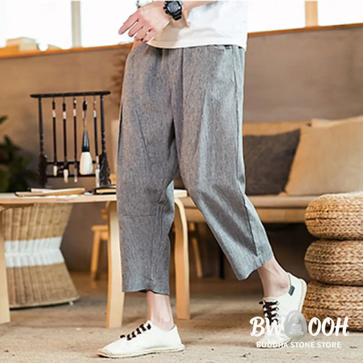 Buddha Stones Casual Solid Color Drawstring Men’s Elastic Waistband Cotton Linen Pants With Pockets - Men’s Pants