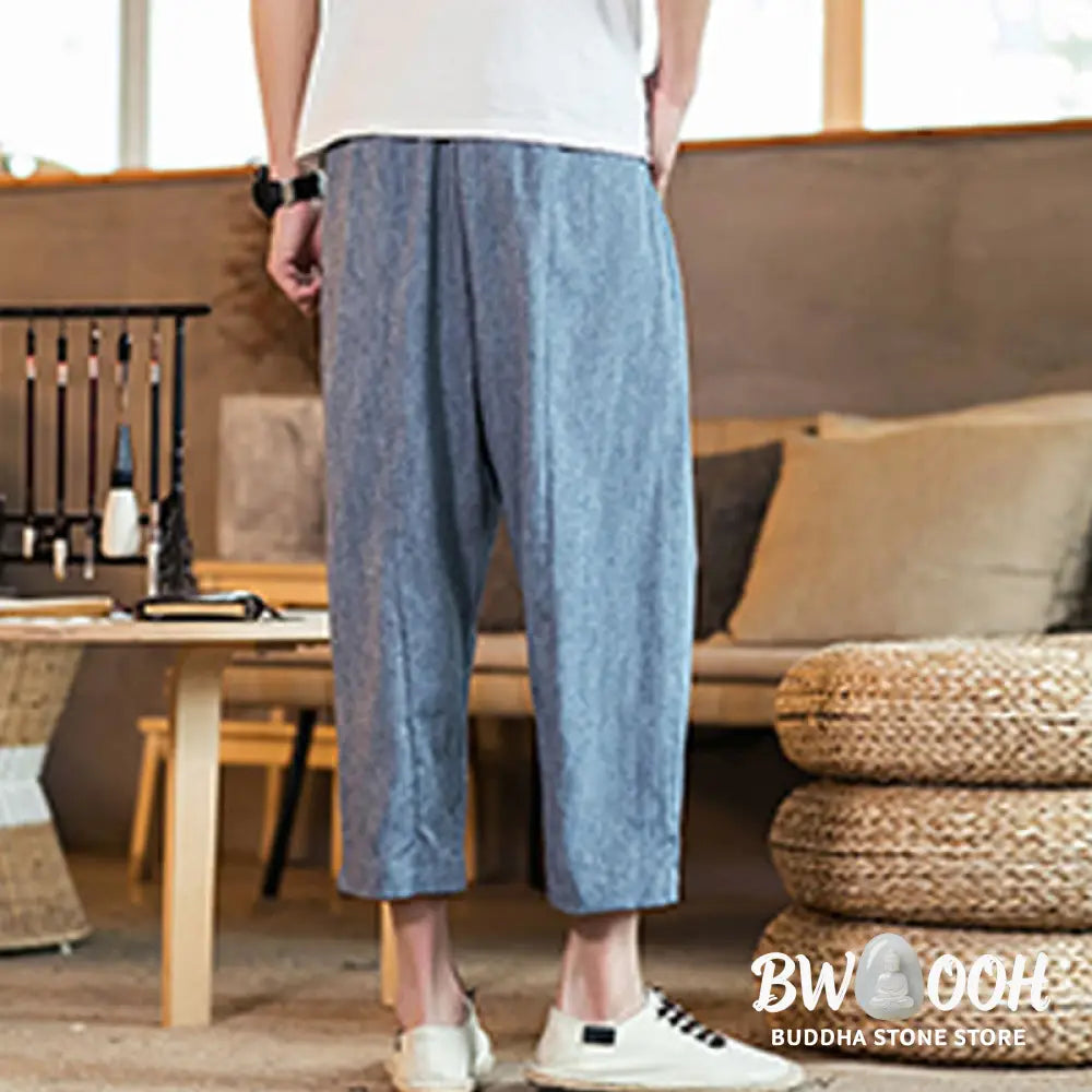 Buddha Stones Casual Solid Color Drawstring Men’s Elastic Waistband Cotton Linen Pants With Pockets - Men’s Pants