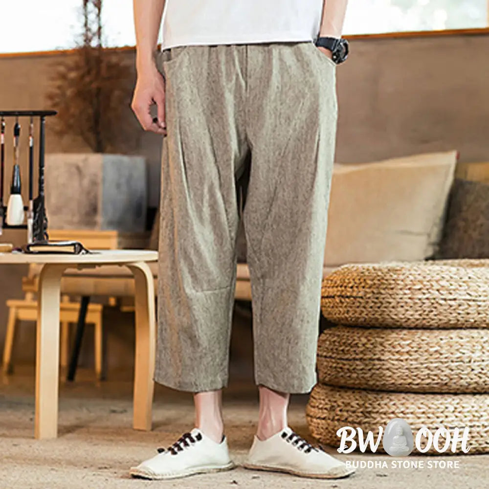 Buddha Stones Casual Solid Color Drawstring Men’s Elastic Waistband Cotton Linen Pants With Pockets - Men’s Pants