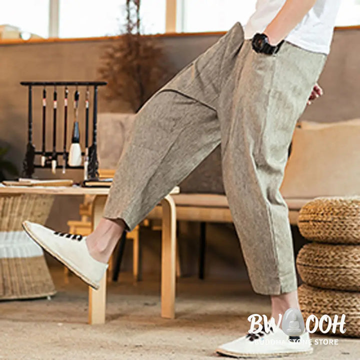 Buddha Stones Casual Solid Color Drawstring Men’s Elastic Waistband Cotton Linen Pants With Pockets - Men’s Pants