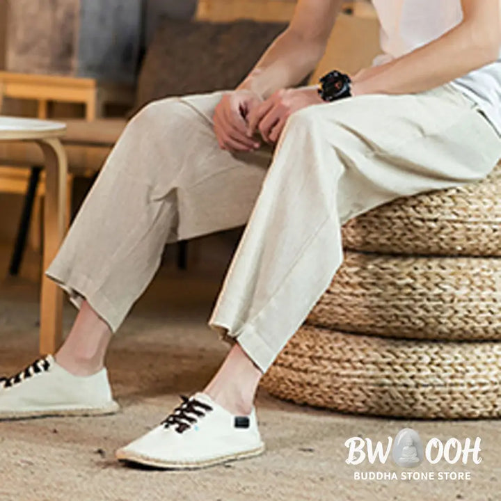 Buddha Stones Casual Solid Color Drawstring Men’s Elastic Waistband Cotton Linen Pants With Pockets - Men’s Pants