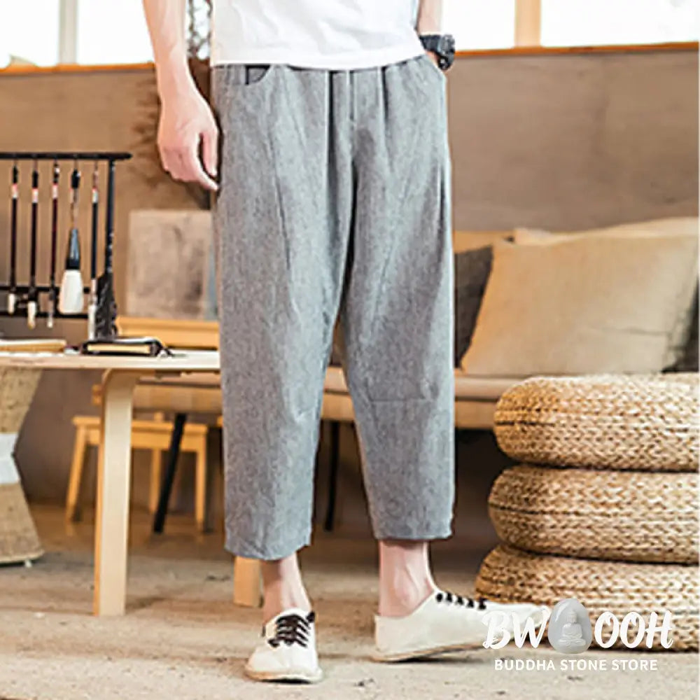 Buddha Stones Casual Solid Color Drawstring Men’s Elastic Waistband Cotton Linen Pants With Pockets - Men’s Pants