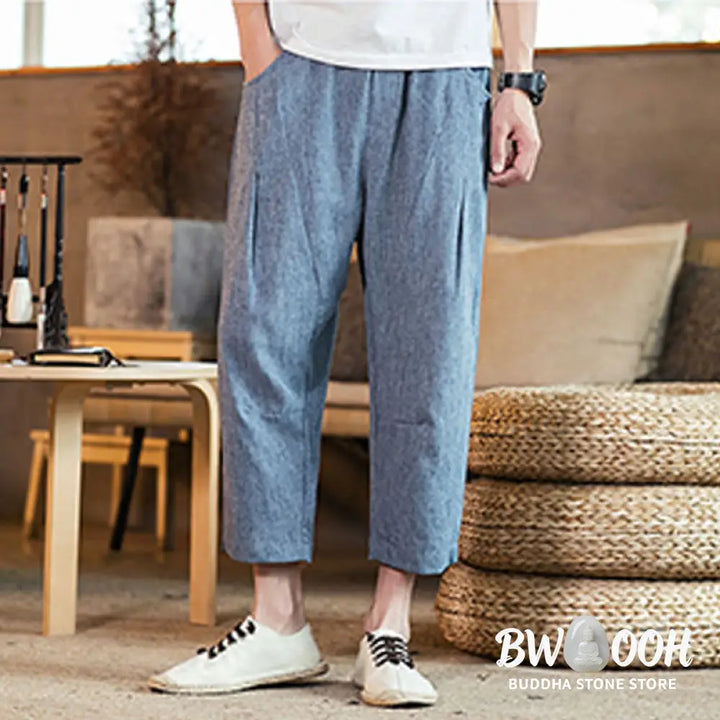 Buddha Stones Casual Solid Color Drawstring Men’s Elastic Waistband Cotton Linen Pants With Pockets - Men’s Pants