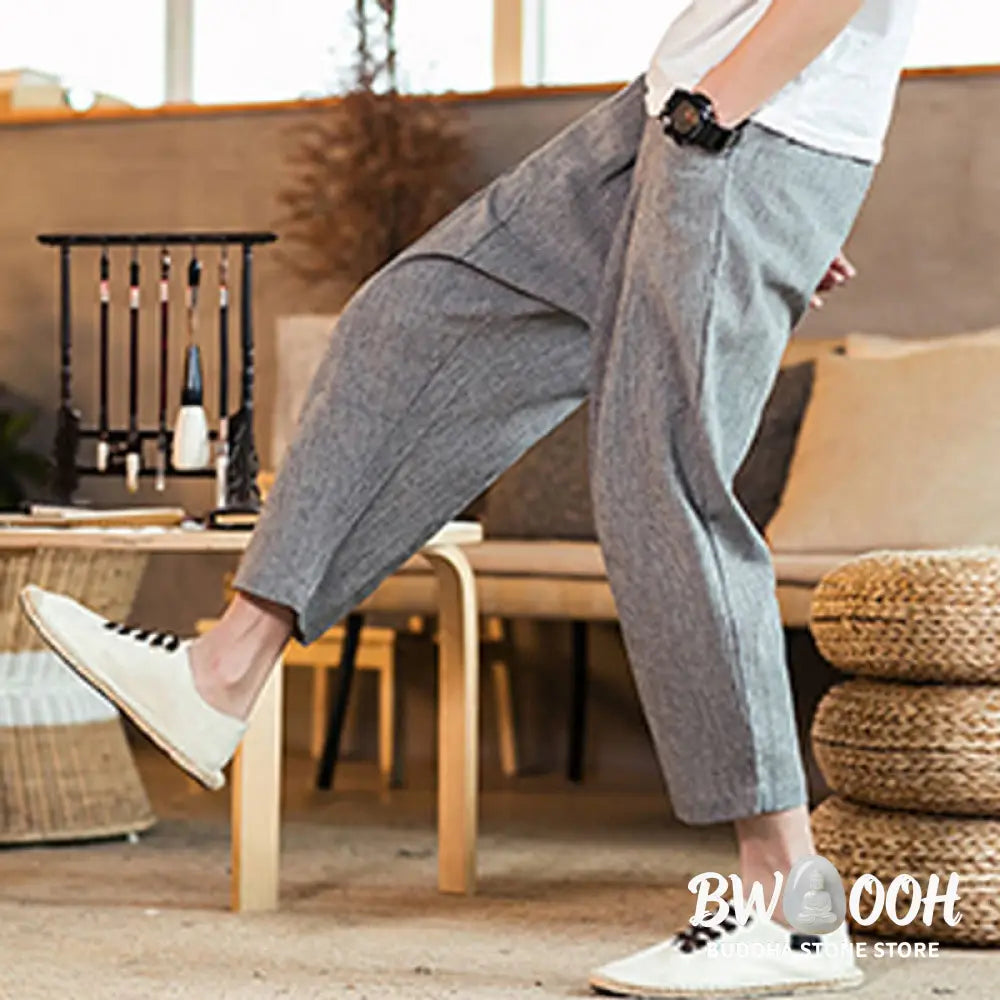 Buddha Stones Casual Solid Color Drawstring Men’s Elastic Waistband Cotton Linen Pants With Pockets - Men’s Pants