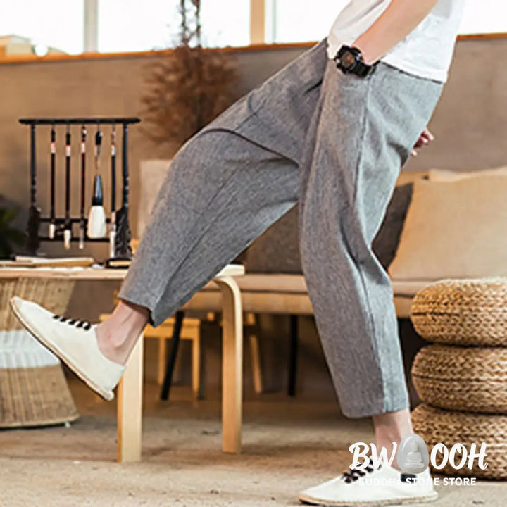 Buddha Stones Casual Solid Color Drawstring Men’s Elastic Waistband Cotton Linen Pants With Pockets - Men’s Pants
