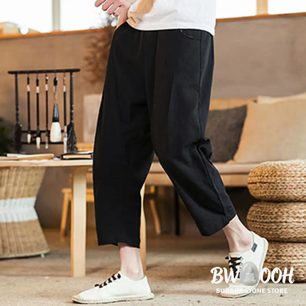 Buddha Stones Casual Solid Color Drawstring Men’s Elastic Waistband Cotton Linen Pants With Pockets - Men’s Pants