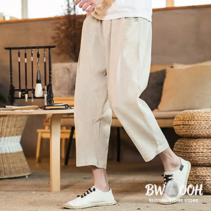 Buddha Stones Casual Solid Color Drawstring Men’s Elastic Waistband Cotton Linen Pants With Pockets - Men’s Pants