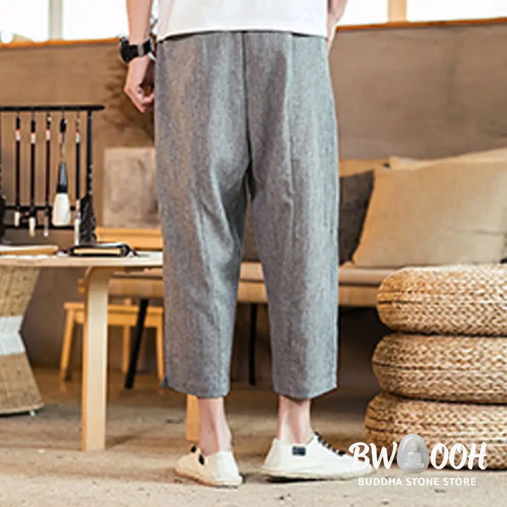 Buddha Stones Casual Solid Color Drawstring Men’s Elastic Waistband Cotton Linen Pants With Pockets - Men’s Pants