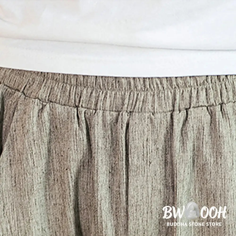Buddha Stones Casual Solid Color Drawstring Men’s Elastic Waistband Cotton Linen Pants With Pockets - Men’s Pants