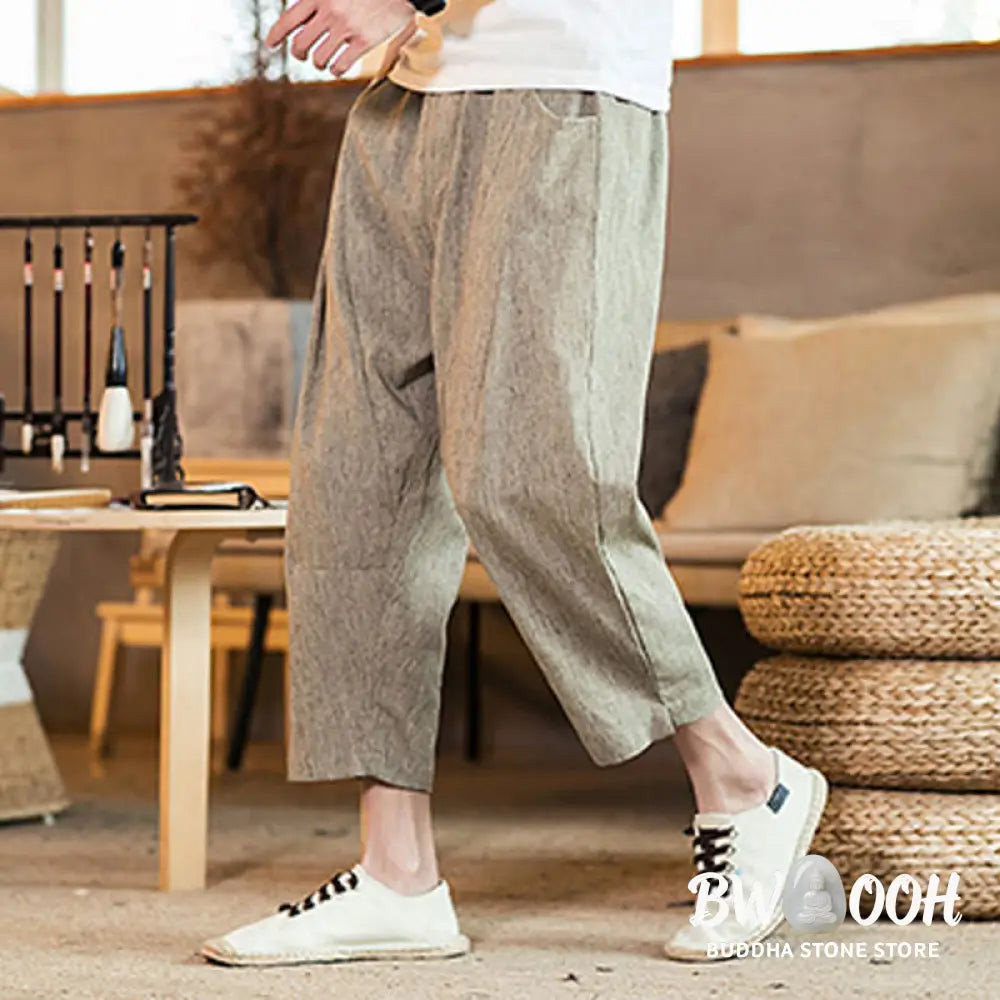 Buddha Stones Casual Solid Color Drawstring Men’s Elastic Waistband Cotton Linen Pants With Pockets - Men’s Pants