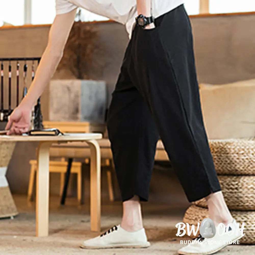 Buddha Stones Casual Solid Color Drawstring Men’s Elastic Waistband Cotton Linen Pants With Pockets - Men’s Pants