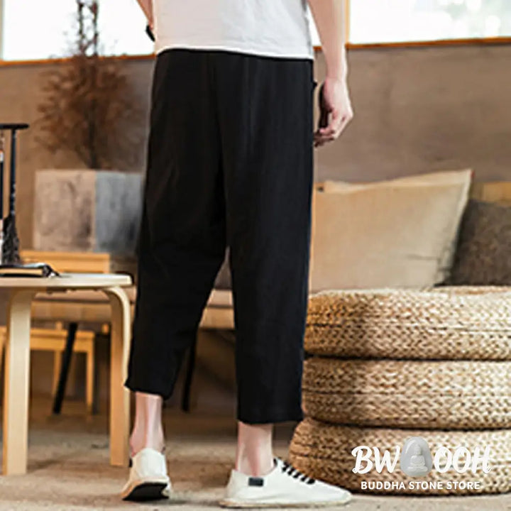 Buddha Stones Casual Solid Color Drawstring Men’s Elastic Waistband Cotton Linen Pants With Pockets - Men’s Pants
